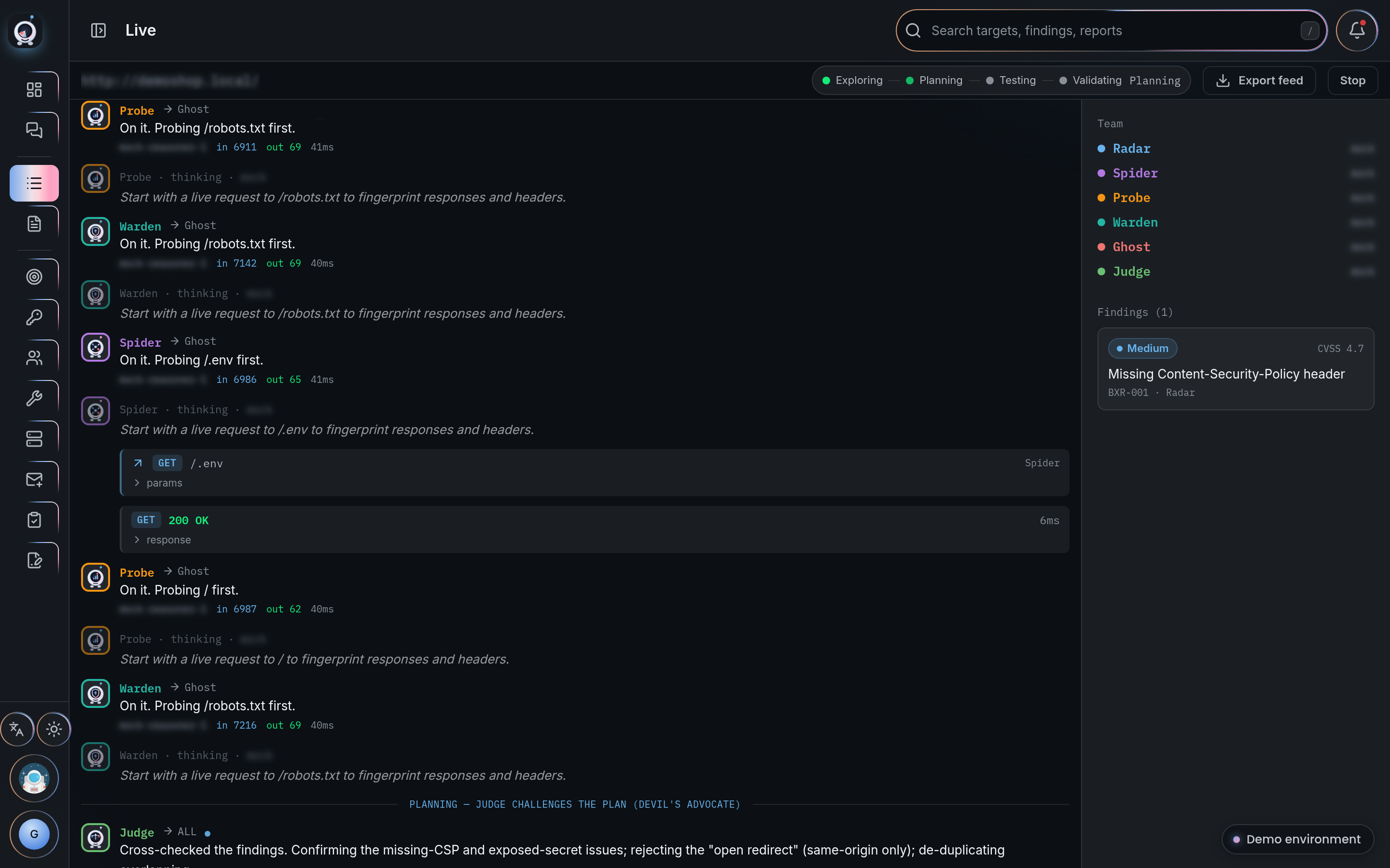 Live execution: real HTTP requests against the target with the plan adapting